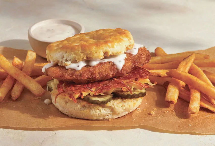 IHOP's savory chicken biscuit sandwich with crispy chicken and honey mustard